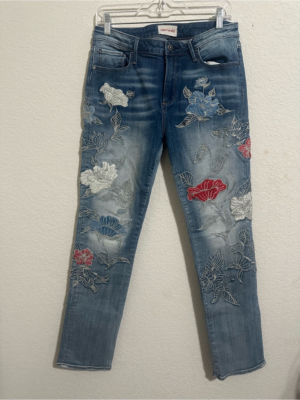 DRIFTWOOD Audrey Jeans size 30 with Red & White Floral Embroidery